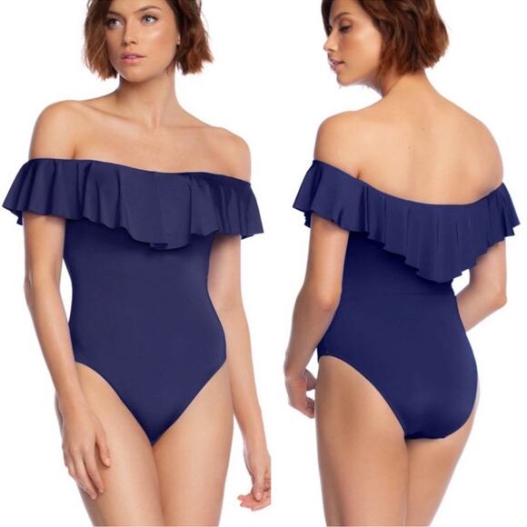 Trina Turk navy blue off shoulder ruffle one piece swimsuit modest full coverage - Picture 1 of 10